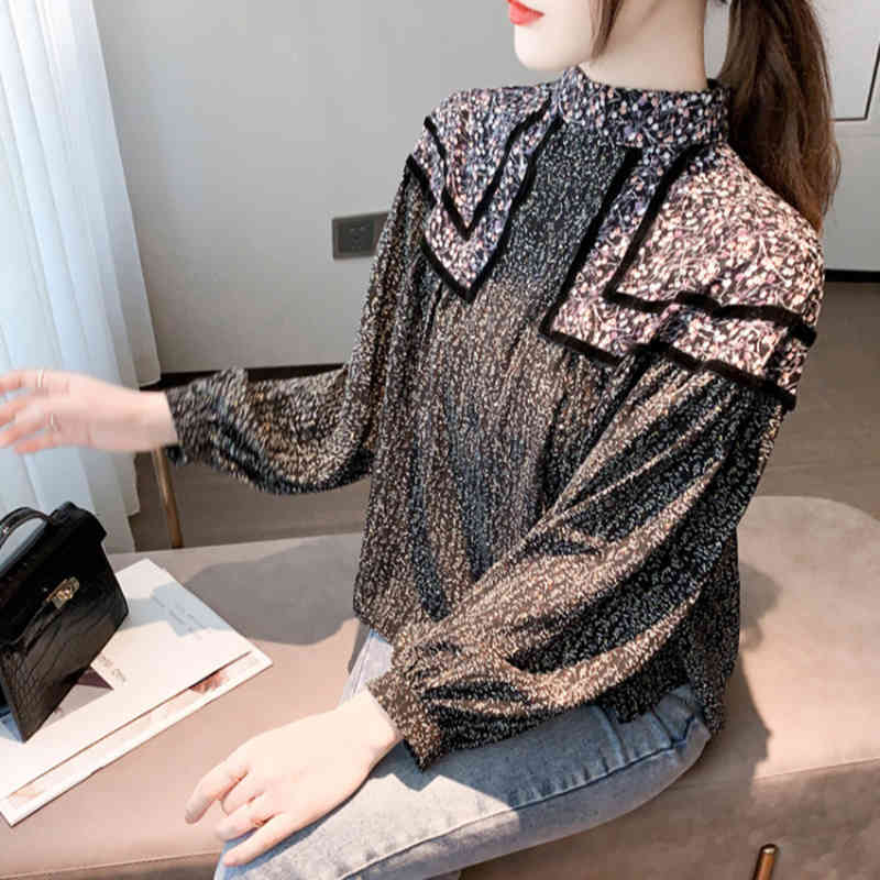 Elegant Floral Blouse Women's Spring Stand Collar Spliced Contrast Loose Lantern Sleeve Shirt Female 5C227 210427