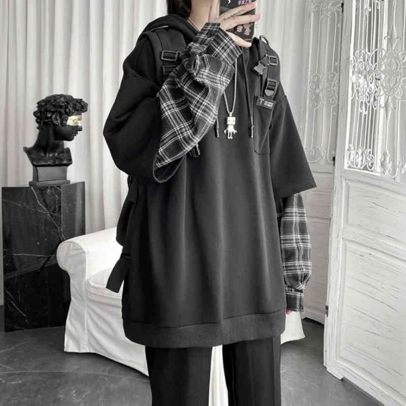 Deeptown Vintage Hoodie Women Streetwear Oversized Sweatshirt Punk Long Sleeve Pullovers Korean 2021 Grunge Plaid Splice Hoody 220210