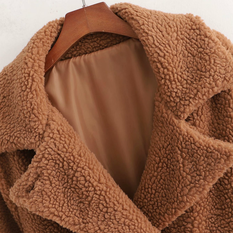 PUWD Casual Woman Oversized Brown Lambswoo Coat Fashion Ladies Winter Loose Warm Outerwear Female Chic Thick Pocket Jackets 210524