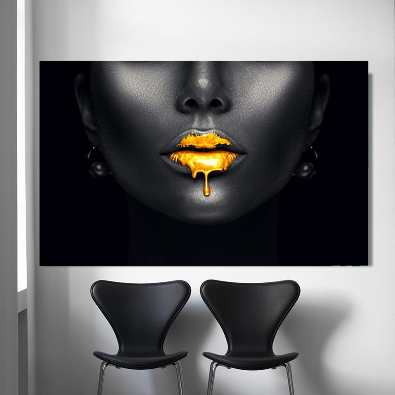 Gold Lips African Black Woman Canvas Paintings on The Wall Art Posters and Prints Black Face Pictures for Living Room