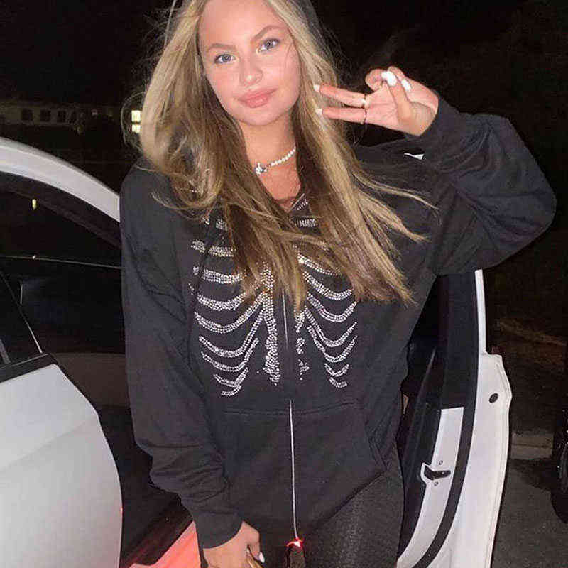 Fashion Women Hoodies Y2K Skeleton Zip Up Oversized Sweatshirts Goth Grunge Hooded Jacket Blackpink 220112