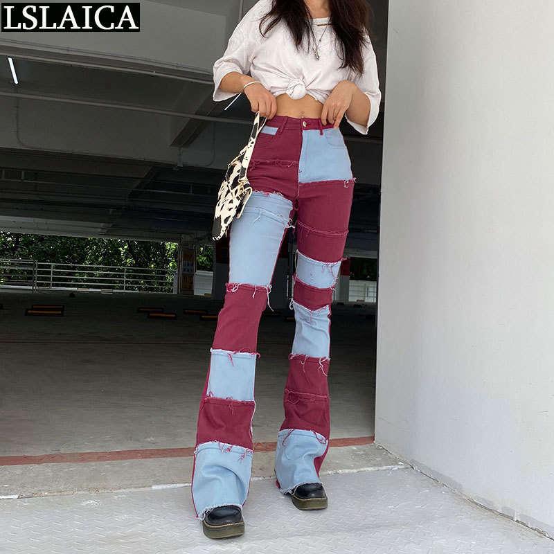 Bell Bottomed Jeans Casual Skinny Patchwork Fashion Sale Trousers Women Pocket Color Matching Pantalones Para Mujer 210515