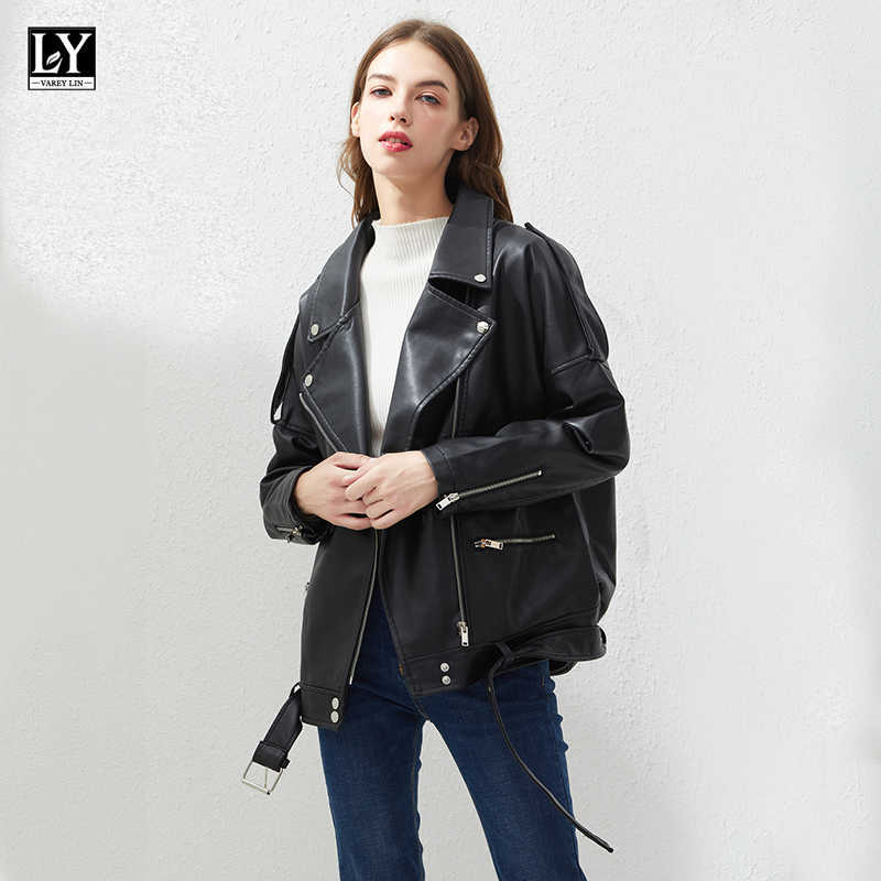 LY VAREY LIN Spring Women PU Faux Leather Jacket Casual Biker s Outwear BF Style Black Female Coat 210526