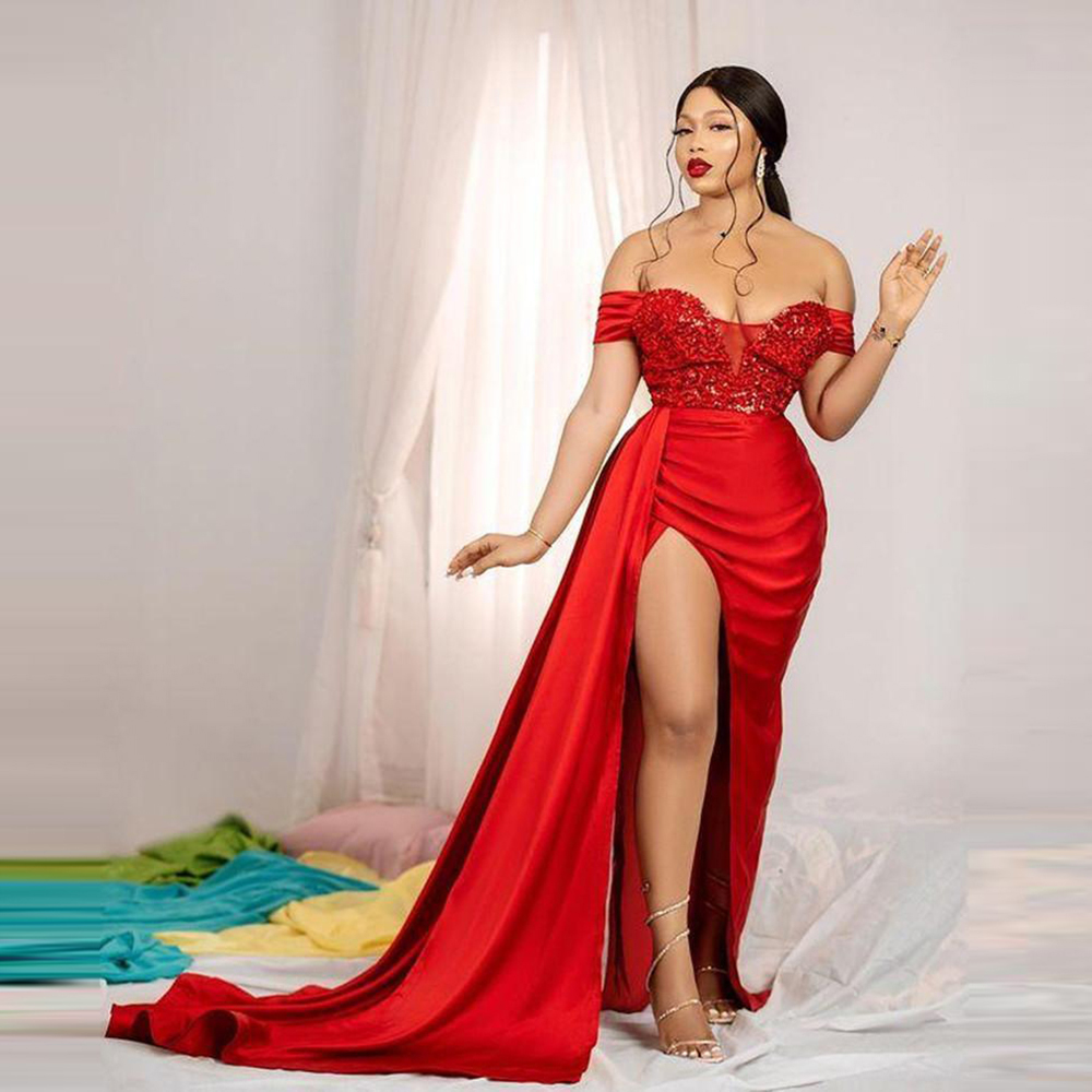 New Mermaid Red African Prom Dresses With Slit Sexy Plus Size Evening Gowns Off The Shoulder Satin Formal Party Dress Robes De Soriee Black Girls Enga