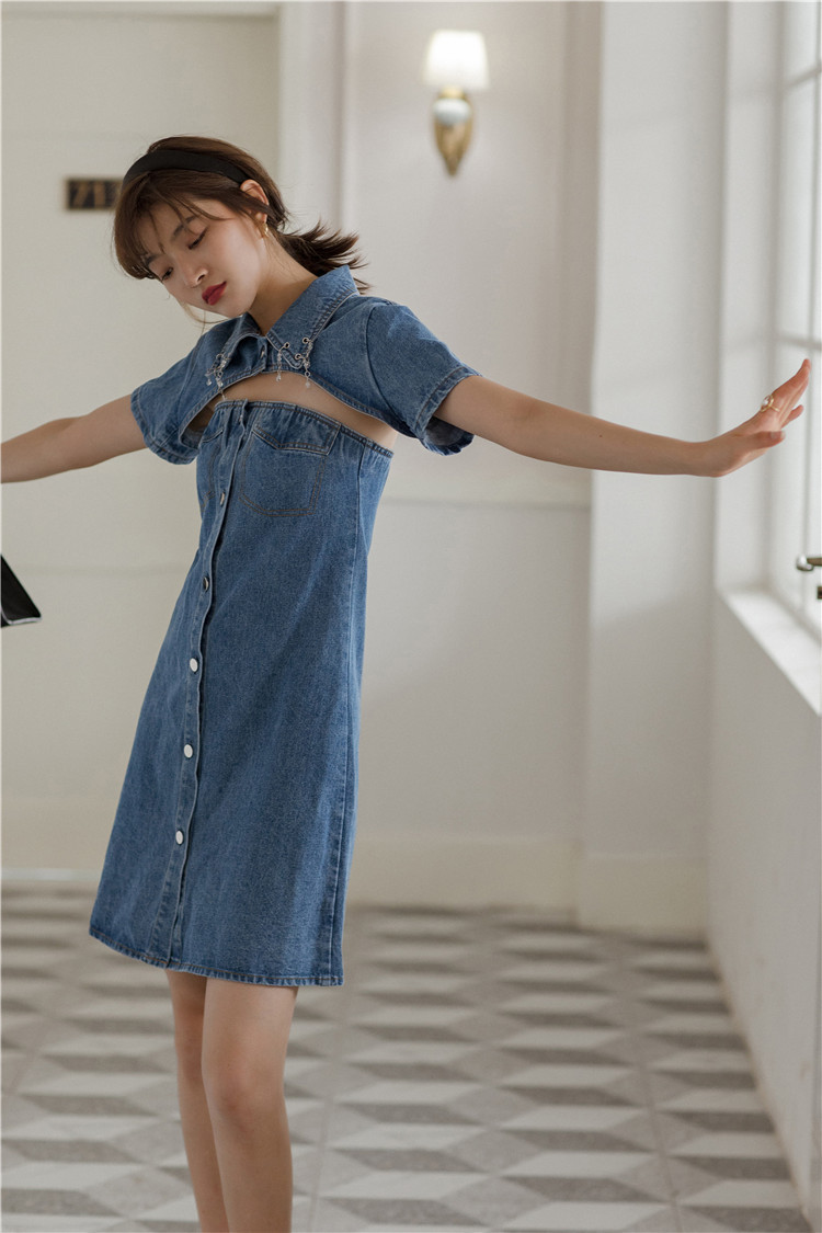 2 Piece Summer Denim Dress Women Strapless Button Up Blue Jean Keyhole Ladies Korean Mini 210427