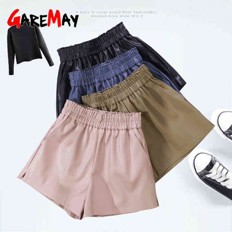 Warm Winter Faux Leather Shorts Women Black High Waist Female Autumn Korean Style For Elastic 210428