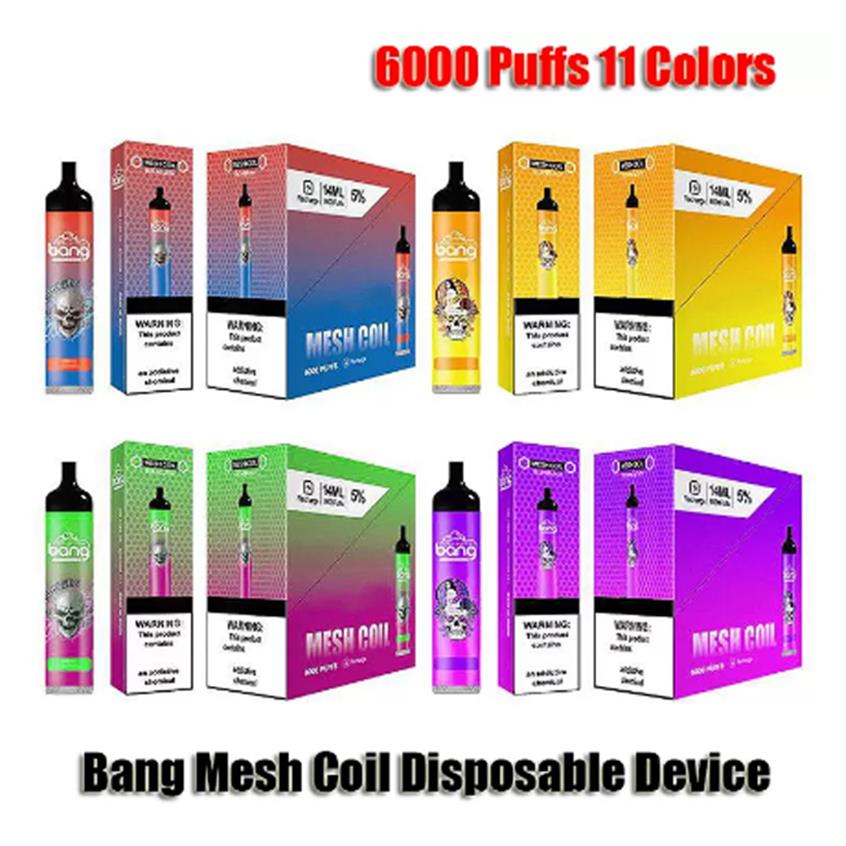 Bang Mesh Coil Disposable E cigarette Device Kit 6000 Puffs 850mAh Rechargeable Battery Prefilled 14ml Cartridge Pod Vape Pen VS XXLa22
Bang Mesh Coil Disposable E cigarette Device Kit 6000 Puffs 850mAh Rechargeable Battery Prefilled 14ml Cartridge Pod Vape Pen VS XXLa22
