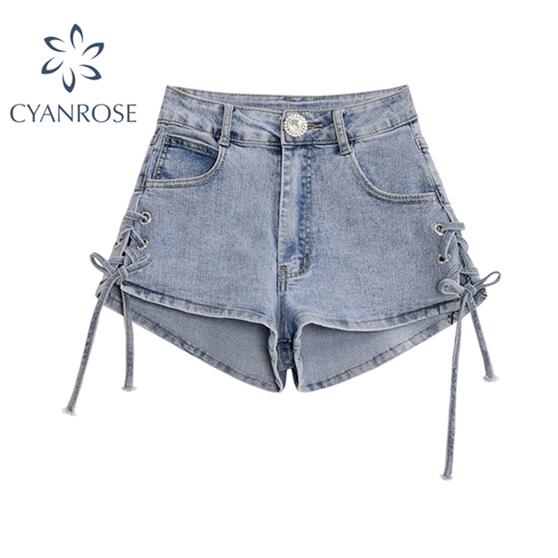 Summer High Waist Wide Leg Jeans Shorts Casual Blue Denim Both Side Tie Mini Short Sexy Female 210430