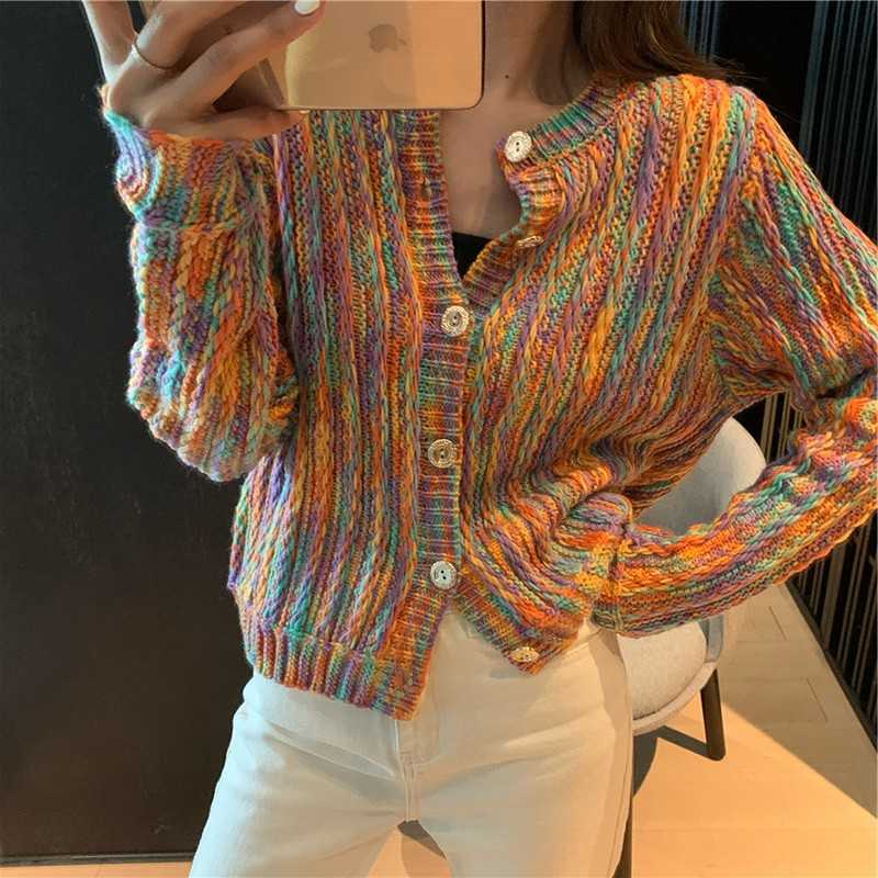 Yedinas Rainbow Sweater Cardigans Casual Chic Colorful Women Cardigan Autumn Winter Button Up Knitted Sweaters Korean Fashion 210527