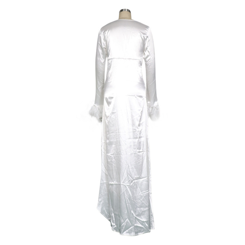 Women Dress Feather Spliced Maxi es Long Sleeve V Neck Split Sexy es Asymmetry White Plus Size 210513