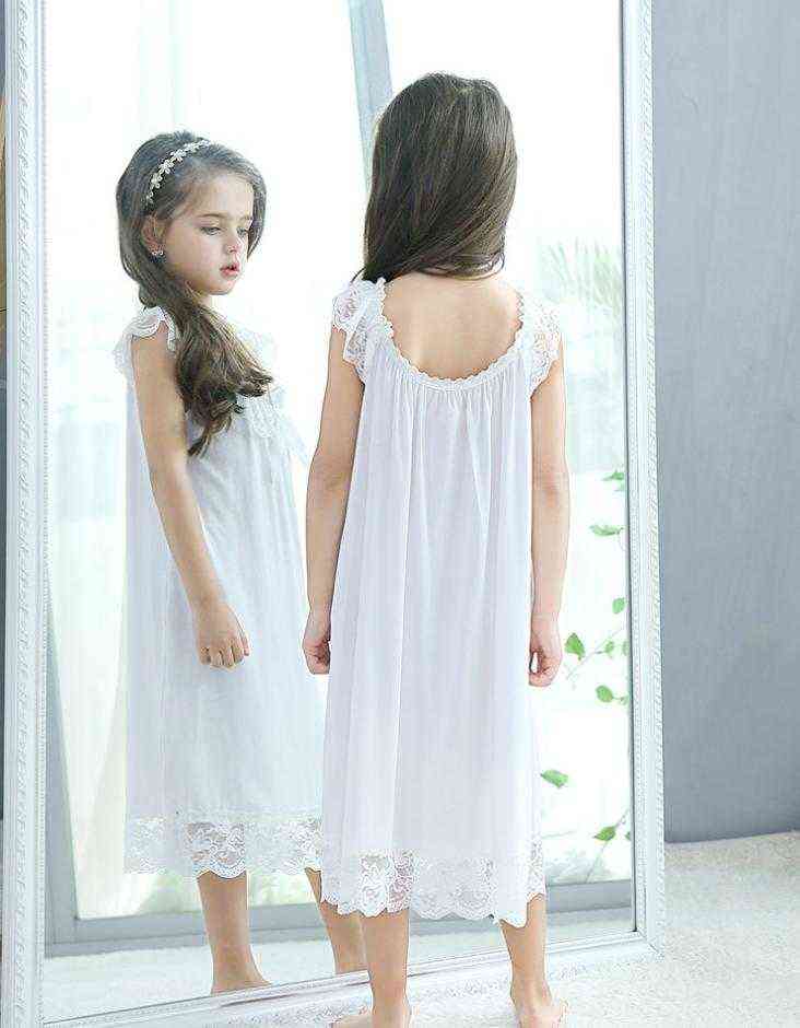 Summer Children's Girls Dress Sleepwear White Lace Cotton Princess Vintage Nightgowns Baby Nightdress Kids Clothes Vestidos 211105