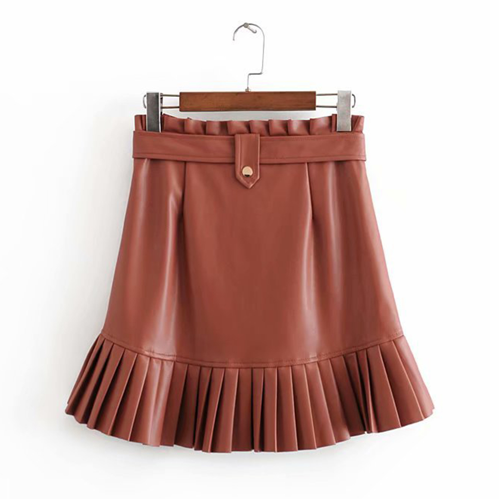 Chic PU Leather Mini Skirt with Belt Women High Waist Pleated s Fashion All-match s Korean Sweet Faux 210428
