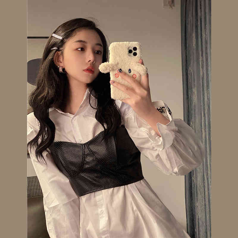 Casual Loose White Lapel Flare Sleeve Shirts Dress Women Mini + Sexy Black PU Leather Camisole Tops Fashion Retro Street High 210429