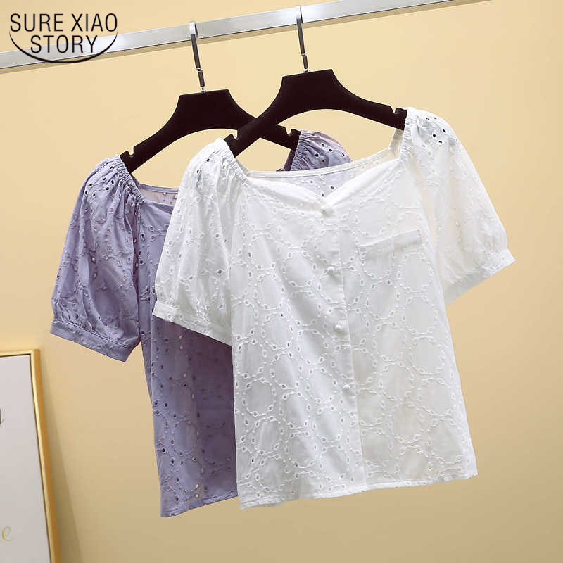 Fashion Women Blouses Sweet Hollow Out Solid Chiffon Blouse Loose Puff Sleeve Cardigan Square Collar Woman's Shirts 9878 210506