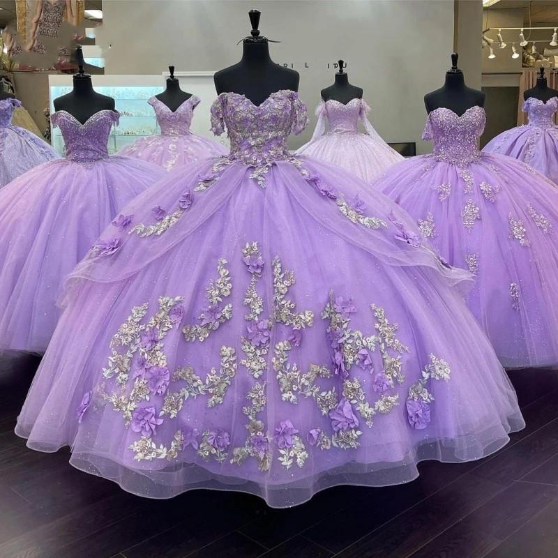 Lavender Plus Size Quinceanera Dresses with Floral Applique Beading Off The Shoulder Sweet 16 Gowns Vestidos De Xv Años