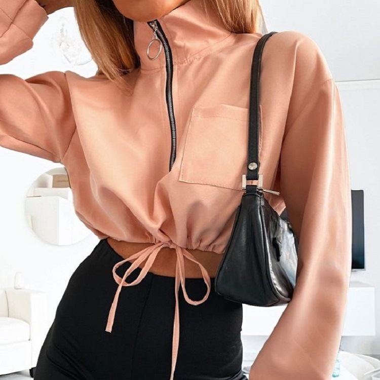 Women Coat Stand Collar Long Sleeve Jacket Drawstring Short Ladies Jackets High Waist Tops Autumn Winter 210524
