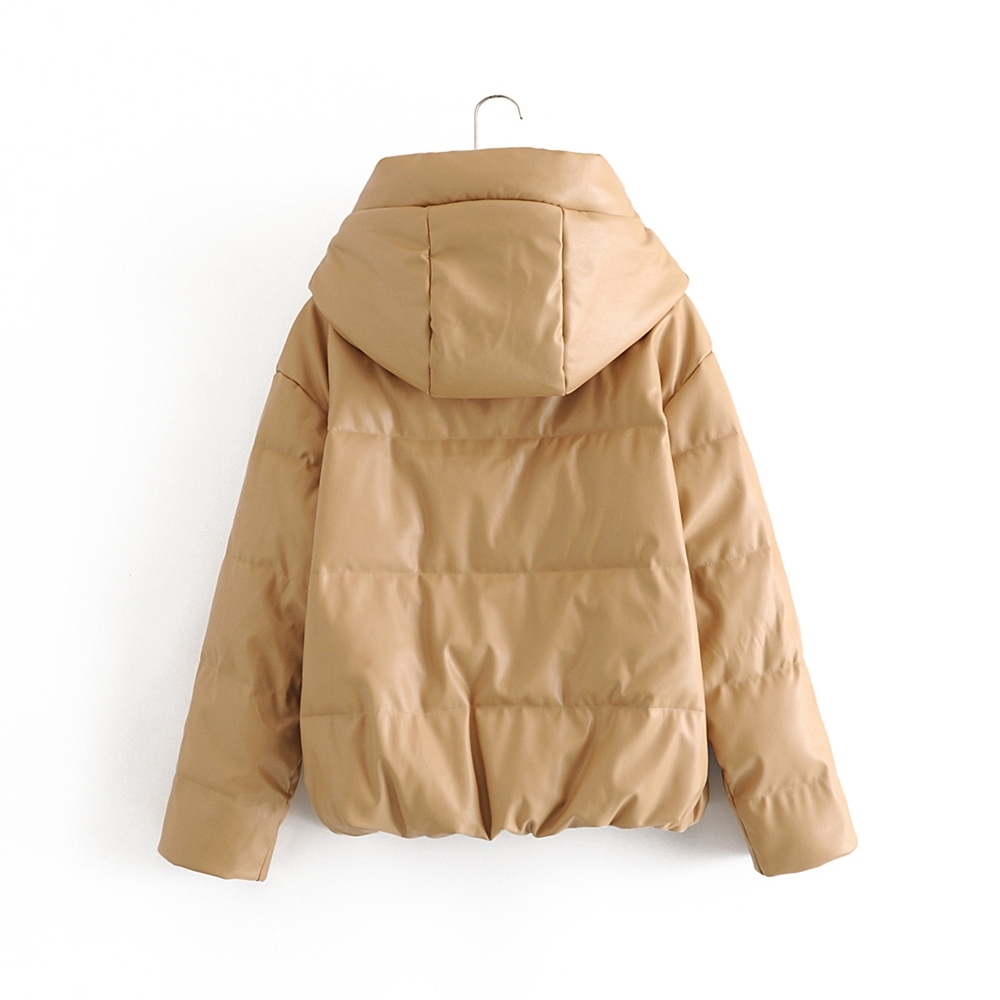 Fashion Khaki PU Leather Winter Women Jacket Coat Zipper Pocket Female Loose Hooded Parkas Oversized Warm Outwear 210508