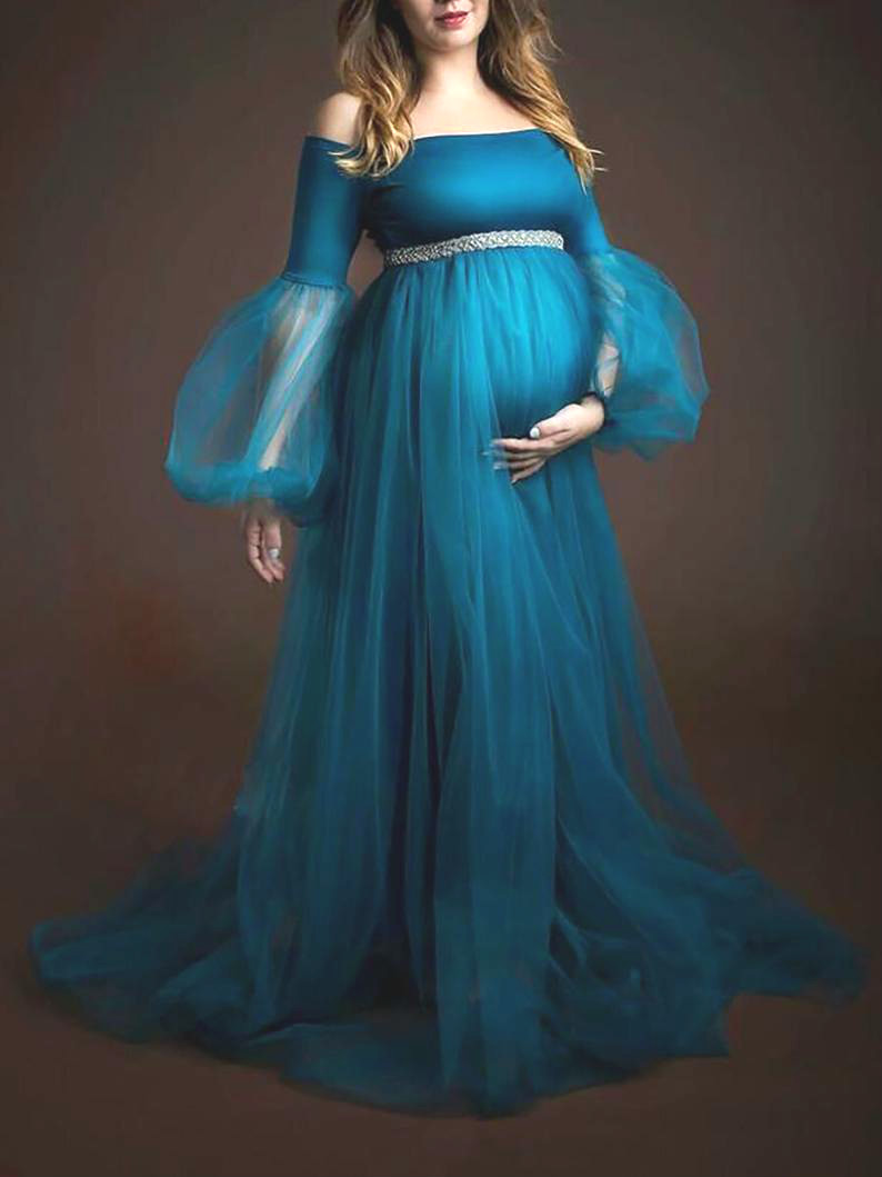 Summer Pregnant Women Sleepwear Off Shoulder Tulle Long Sleeve Nightdress For Photography Wedding Party Evening Dress Wear