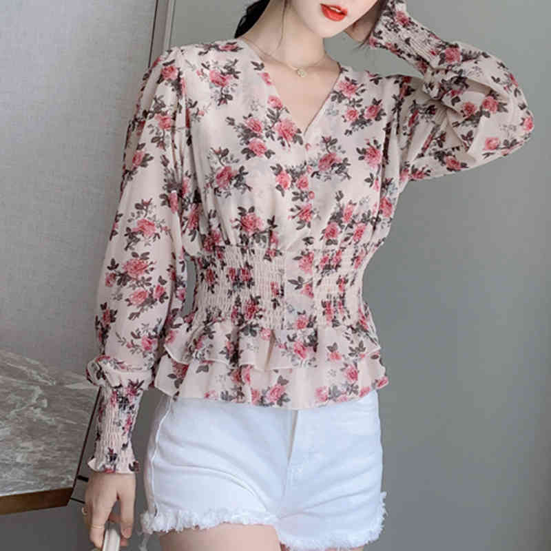 Casual V-Neck Lantern Long Sleeve Shirt Floral Print Shirts Women Chiffon Blouses Blusas Mujer Autumn Pullover Tops 10585 210506