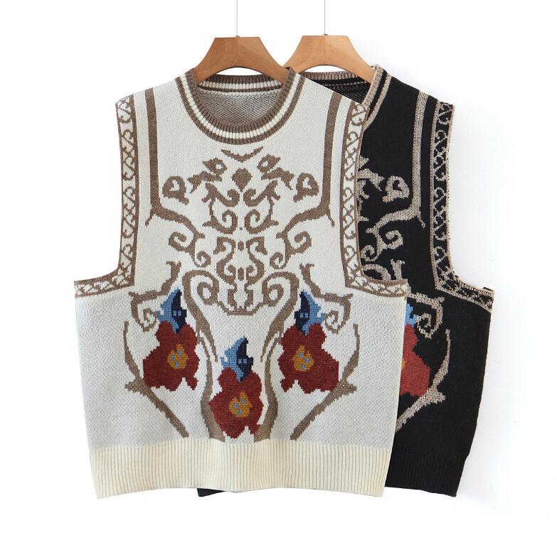 Spring Ethnic Geometric Totem Knitted Sweater Vest Preppy Style Korean Clothes Cool Girl Sleeveless Jumper Y2K Knitwear 210429