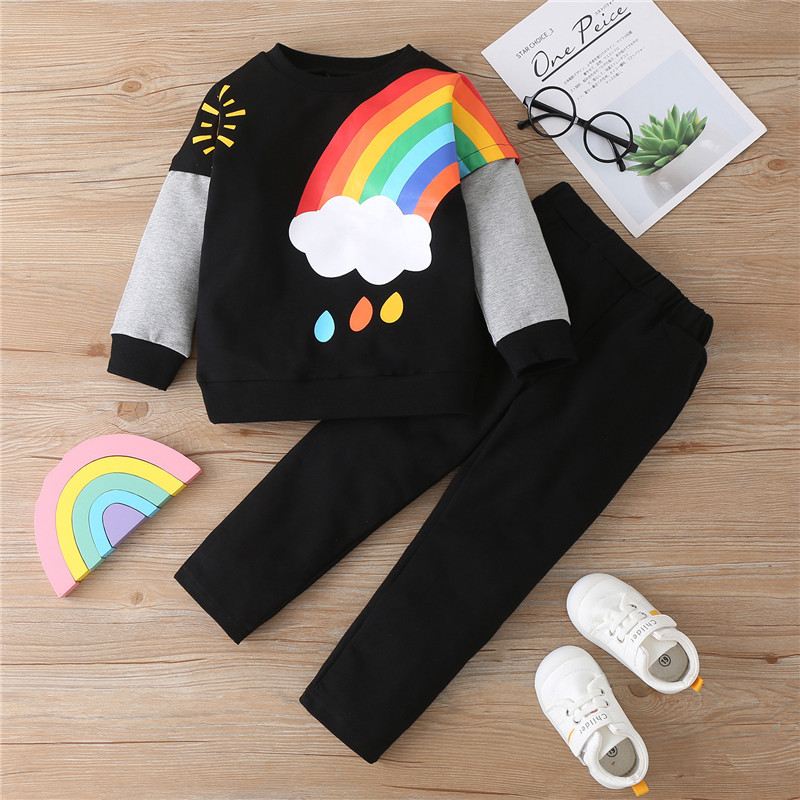 Baby Boys Spring Clothing Sets Rainbow Print Stitching Toddler Clothes Sweatshirt Pants Outfit Suit Kids Children 210508