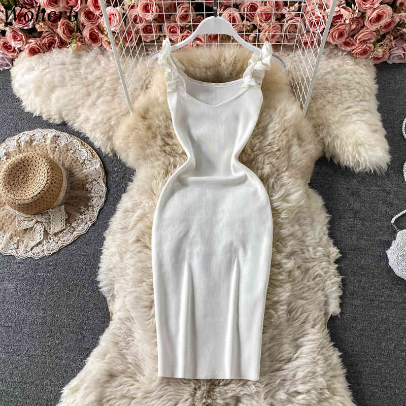 Summer Women Dress Korean Fashion Robe Ruffles Sling Knitted Bodycon Dresses Solid Sleeveless Temperament Vestidos Jumer 210519