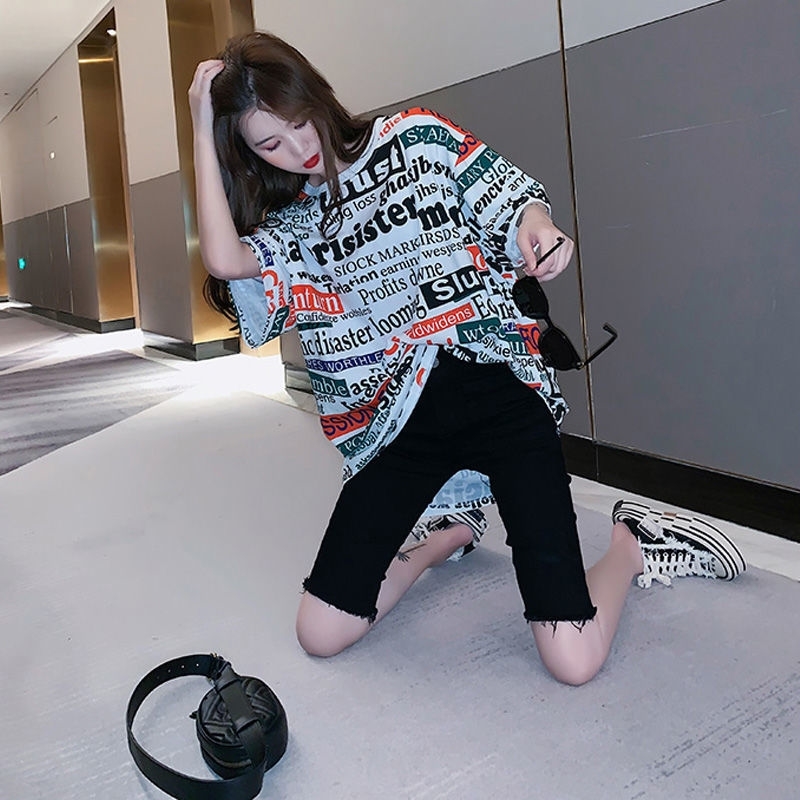 Korejpaa Women T-shirt Short Sleeve Fashion Summer Harajuku Letter Korean Loose Casual Medium Length Top Tee Shirt 210526