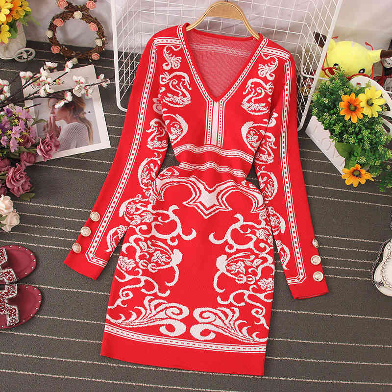 Fashion Sweater Dress Women Spring Autumn Stretch Knitted Dresses Boho Print Casual Slim Long Sleeve Bodycon Vestidos 210519
