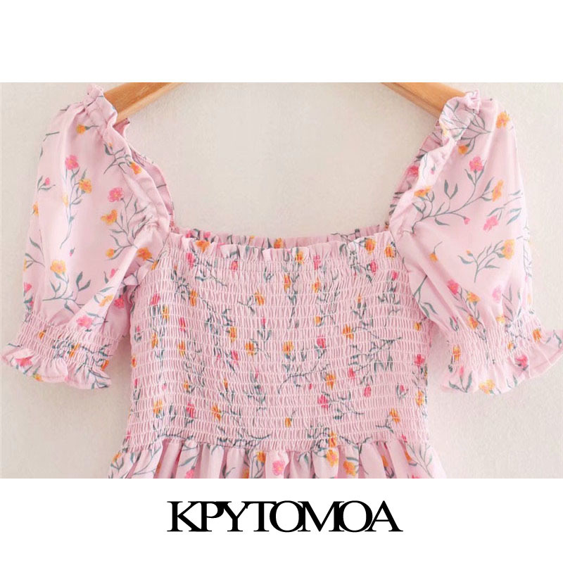 Women Chic Fashion Floral Print Ruffles Mini Dress Puff Sleeves Smocked Female Shirts Blusas Tops 210420