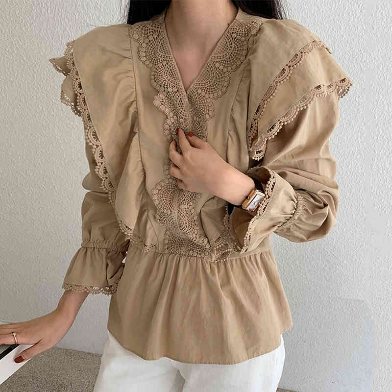 Nomikuma Autumn Chic V-neck Women Shirt Korean Lace Patchwork Ruffle Blouse New Flare Long Sleeve Slim Waist Blusas 6D285 210427