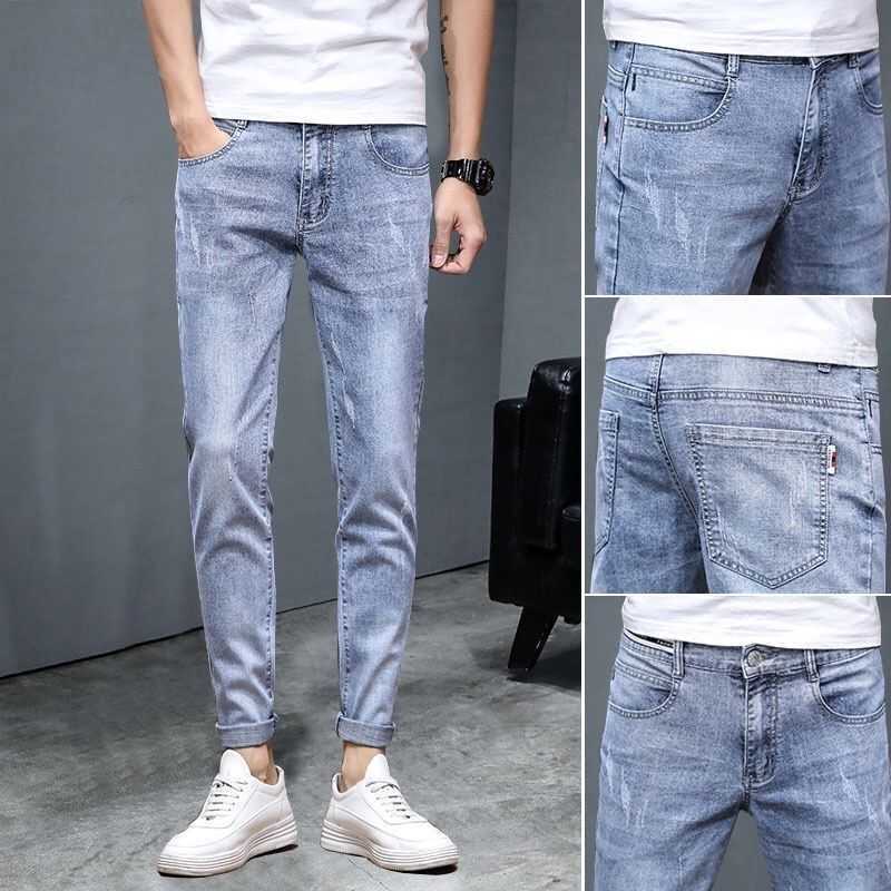 Mens Jeans Summer Slim Zipper Button Stretch Scratched Casual Cropped Trousers Softener Cotton Denim Pencil Pants X0621