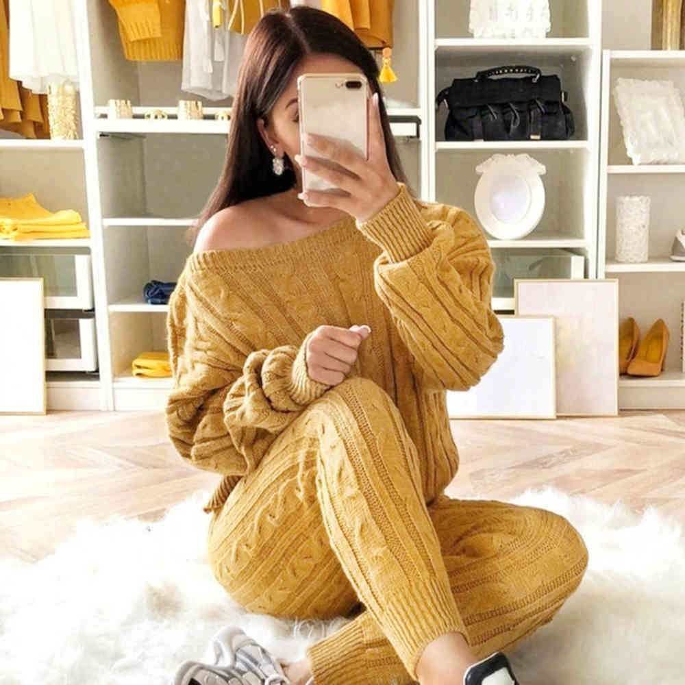 women sweater Knitted 2 Piece Set Long Sleeve Crop Tops And Long Pants Sexy Autumn Winter Sweater Two Piece Set Outfits 200923