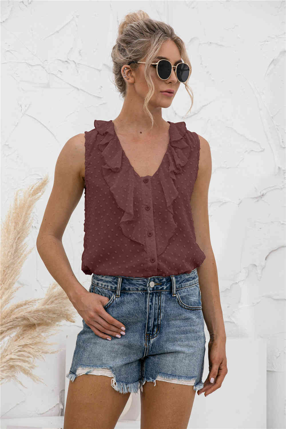Summer Solid Ruffle Tank Tops Women Sleeveless Tee Dot Printed V Neck Button Female Vest Casual Loose Chiffon Tshirt 210522