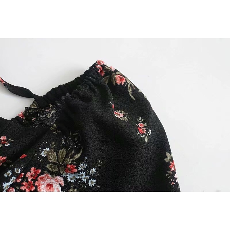 Vintage French Style Long sleeve Floral Print Women Dress Black Square Collar Hem Splice Ruffles Midi Dresses Beach Holiday 210429