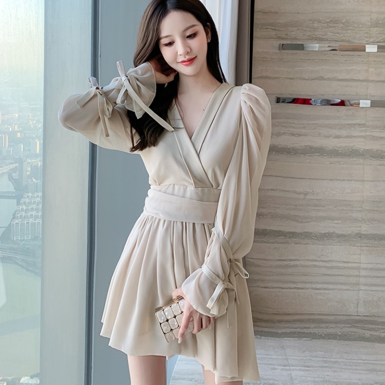 Vintage Female Elegant V-Neck Puff Long Sleeve Women High Waist Chiffon Dress Spring Fashion Pleated Vestidos femme 210519