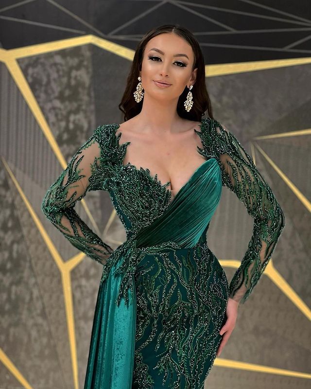 Size Plus Arabic Aso Ebi Luxurious Dark Green Prom Dresses Lace Beaded Mermaid Evening Formal Party Second Reception Gowns Dress ZJ