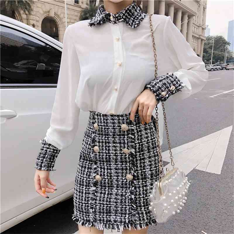 Autumn And Winter Elegant Women Two Piece Set Tweed Tassels Shirt Top + Double-Breasted Woolen Mini Skirt Suit 210520