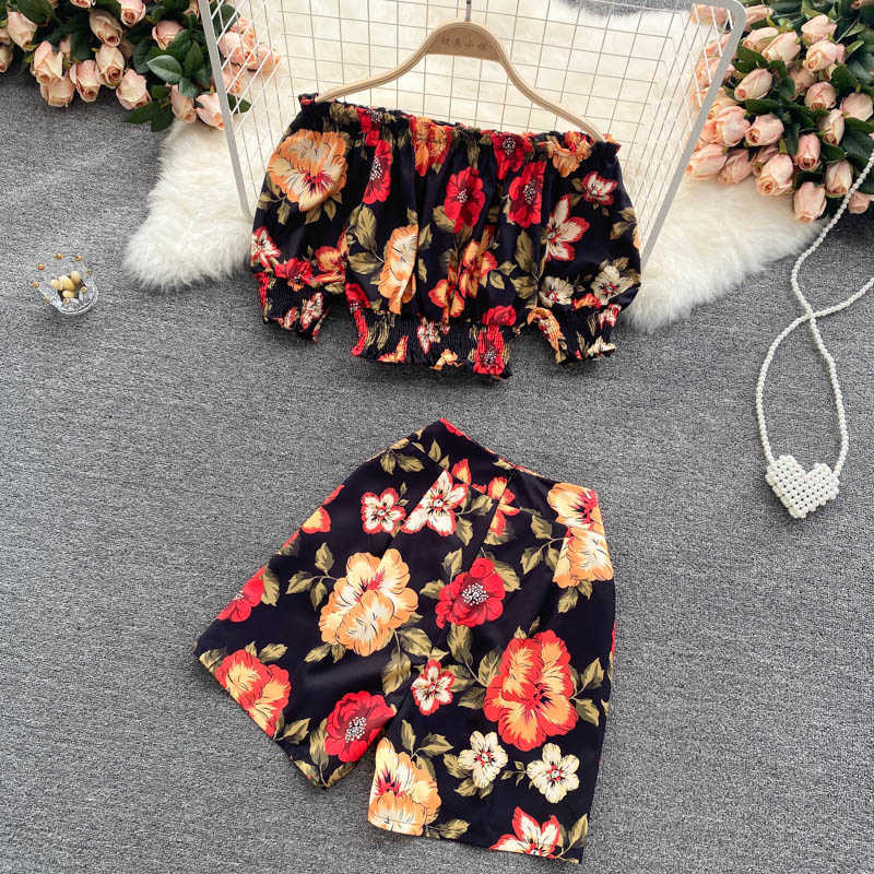DEAT Women Slash Neck Printing Top Shorts Arrivals Two Piece Set Temperament Fashion Spring Summer 11D1562 210709