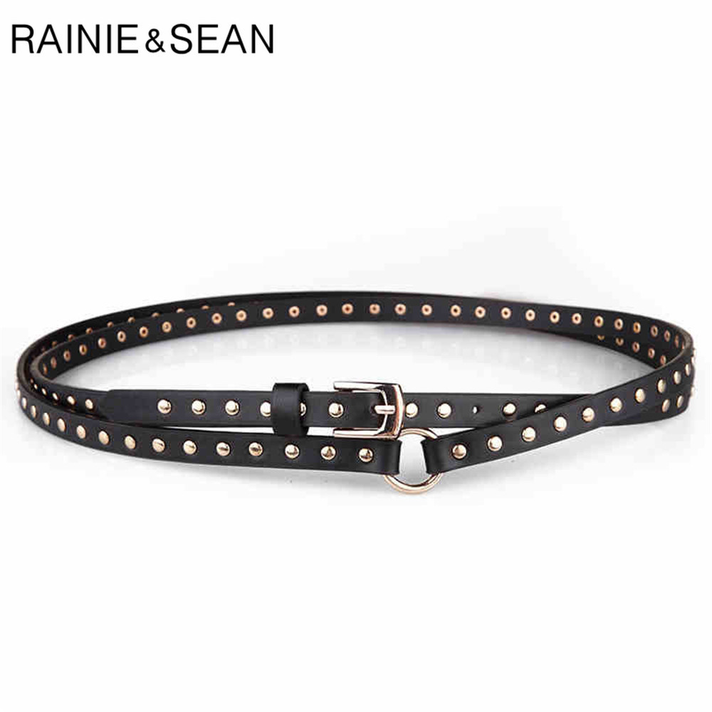 RAINIE SEAN Punk Rock Belts for Women Black Rivet Women Belt Streetwear Thin Extra Long 190cm Ladies Pin Buckle Leather Belt 210325