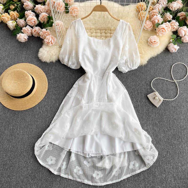 DEAT Women White Dress Square Collar Short Puff Sleeve Arrivals Lady Temperament Fashion Spring Summer 11D567 210709