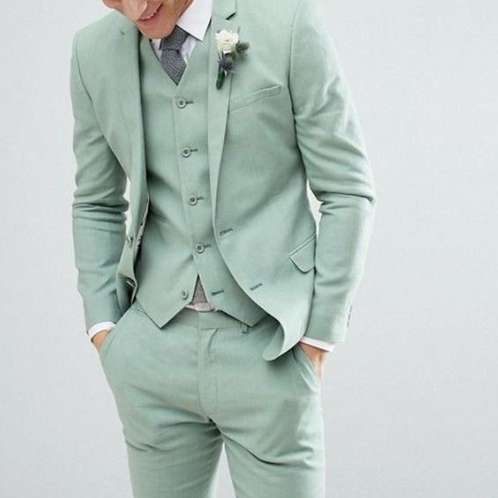 Green Beach Wedding Tuxedos Slim Fit Notched Lapel Men Suits Two Button Formal Business Groom Suit (Jacket+Pant+Vest+Tie)