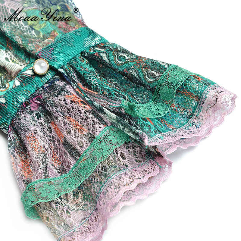 Fashion Cotton dress Autumn Women's Dress Flare Sleeve Print Lurex Mesh Pearl Beaded Cascading Ruffle Elegant Dresses 210524