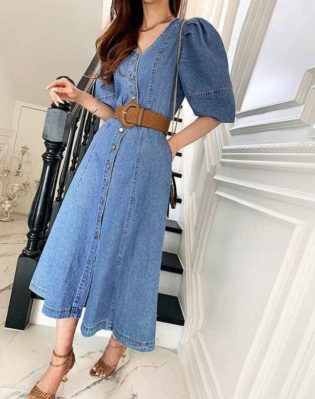 Women Dress Korea Retro Temperament Denim V-Neck Single-Breasted Slim Waist Puff Sleeve Chic Long With Belt Vestido 210519