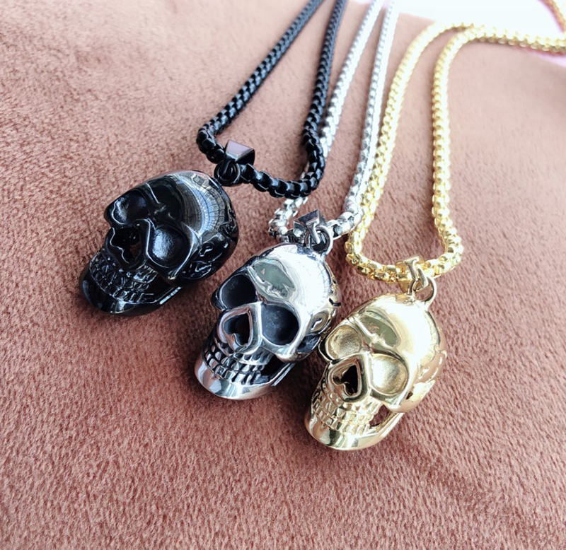 Fashion Punk Goth Stainless Steel Necklace Skull Head Pendant For Men Accessories Gothic Jewelry With 3MM Chain