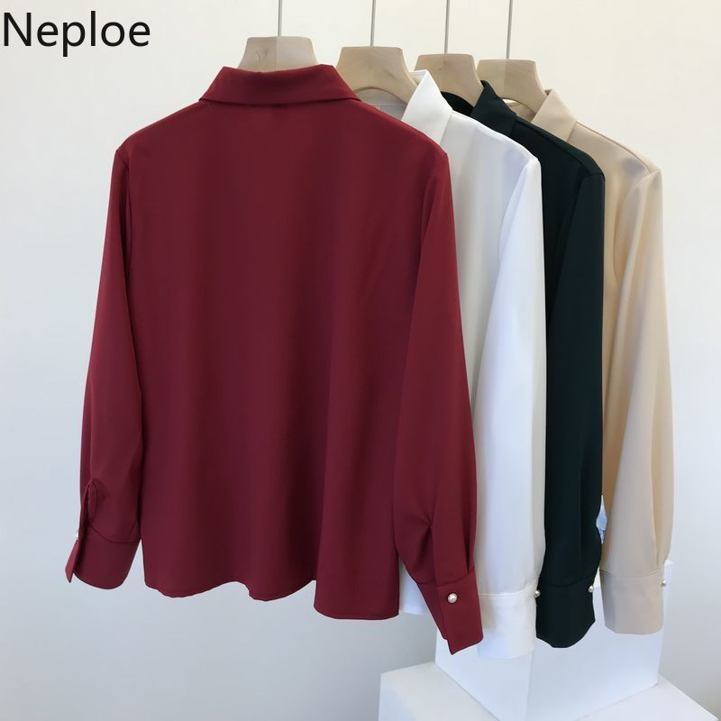 Neploe Chiffon Hollow Out Women Blouses Spring 2021 Turn Down Collar Single Breasted Shirt Solid Beading Long Sleeve Tops 49734 210317