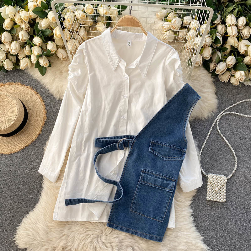 Nomikuma Women Blouse Sets Puff Sleeve Causal Long Blusas Shirt + Belt Slim Waist Demin Vest Spring New Korean Outfit 6E185 210427