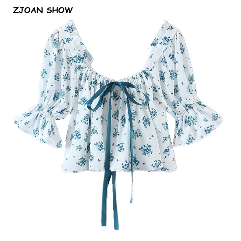 Sexy Blue White Floral Print Tank Tops Women Summer Puff Sleeve Adjust Shappy Loose Crop Top High Waist Tees 210429
