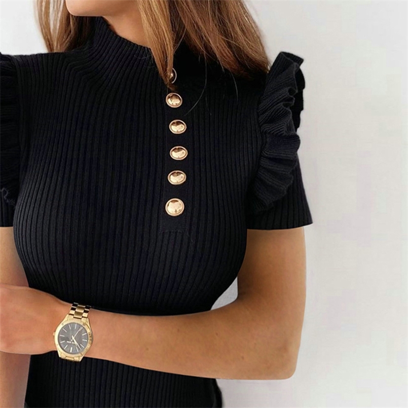 Women T-shirt Spring Autumn Clothes Knitted Ruffles Short Sleeve Tops Button Design Tee Sexy Female Slim Fit Black D30 210708
Women T-shirt Spring Autumn Clothes Knitted Ruffles Short Sleeve Tops Button Design Tee Sexy Female Slim Fit Black D30 210708