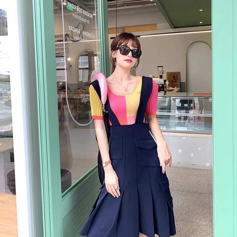 Short Tops Patchwork T Shirt women Sexy Slim T-shirt Vintage Knitted shirt harajukuTee Summer 210421