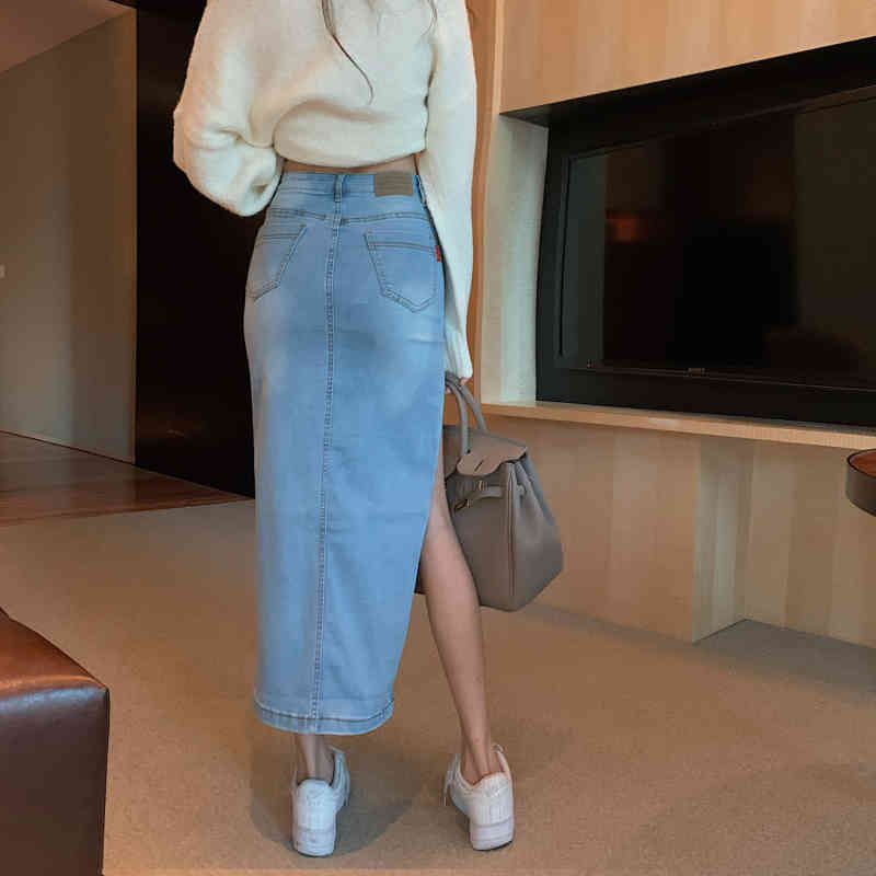 Nomikuma High Waist Sexy Split Jeans Skirt Korean Fashion Elegant Women Demin Skirts Spring New One-step Faldas Mujer 6E084 210427